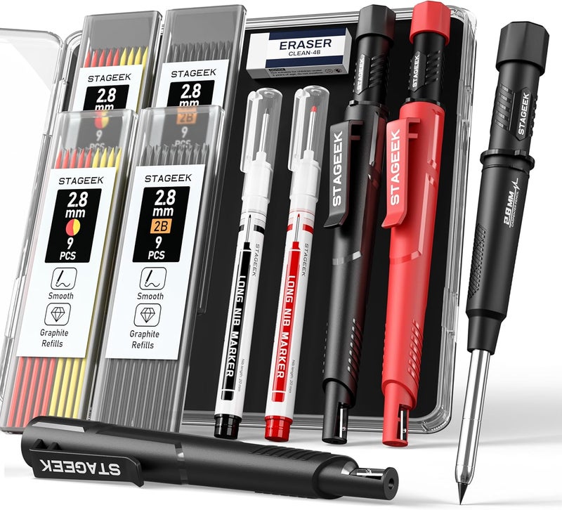STAGEEK 2 Pack Carpenter Pencils with Sharpener, Mechanical Carpenter Pencils with 38 Refills, construction pencil heavy duty Woodworking Tools, Deep Hole Long Nib Marker Pens for Architect Marking - Image 1